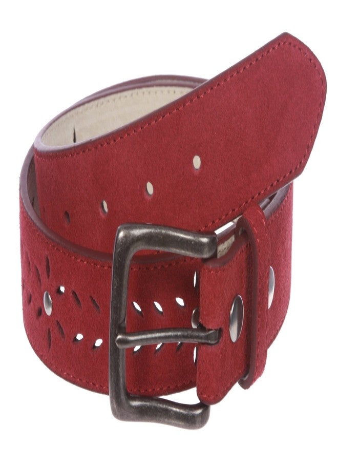 Beltiscool Women's 1 1/2" (38 mm) Snap on Suede Perforated Studded Leather Belt, Red | 38" - Image 2